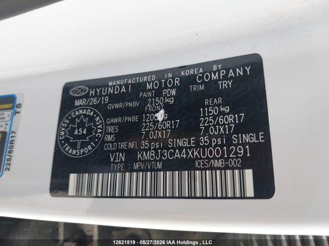 2019 Hyundai Tucson Preferred მანქანა იყიდება აუქციონზე, vin: KM8J3CA4XKU001291, აუქციონის ნომერი: 12621519