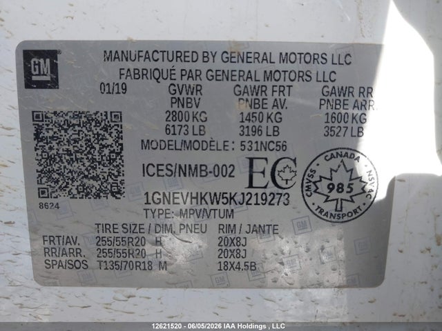 Продаж на аукціоні авто 2019 Chevrolet Traverse 3lt, vin: 1GNEVHKW5KJ219273, номер лоту: 12621520