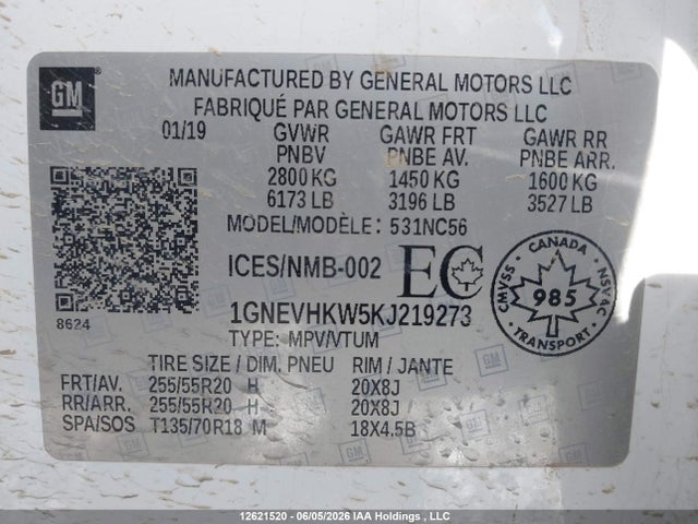 Продаж на аукціоні авто 2019 Chevrolet Traverse 3lt, vin: 1GNEVHKW5KJ219273, номер лоту: 12621520