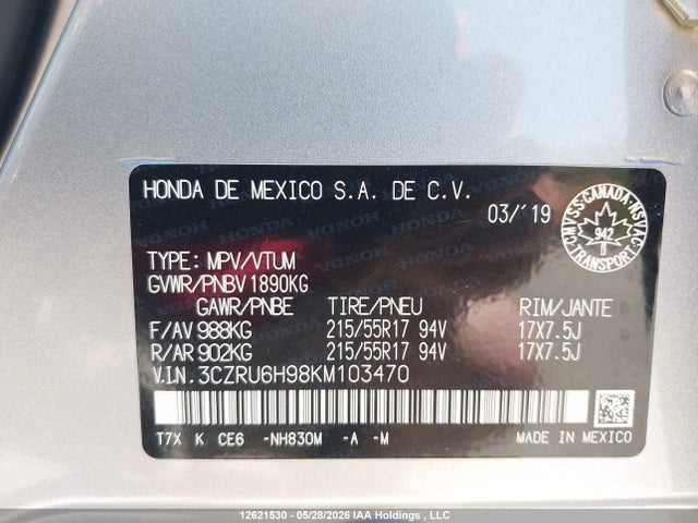 Продажа на аукционе авто 2019 Honda Hr-v Touring, vin: 3CZRU6H98KM103470, номер лота: 12621530