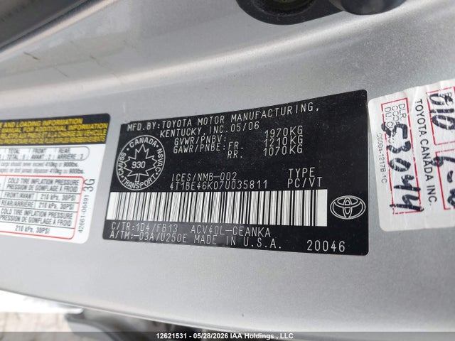 2007 Toyota Camry Le/se მანქანა იყიდება აუქციონზე, vin: 4T1BE46K07U035811, აუქციონის ნომერი: 12621531