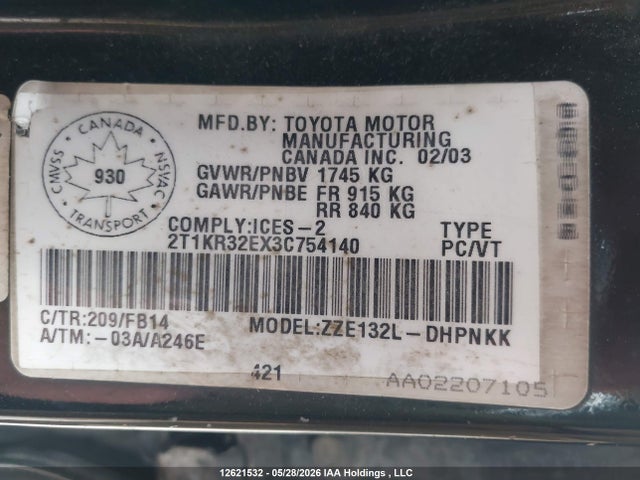 12621532 :رقم المزاد ، 2T1KR32EX3C754140 vin ، 2003 Toyota Corolla Matrix Xr مزاد بيع