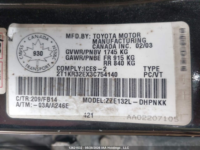 12621532 :رقم المزاد ، 2T1KR32EX3C754140 vin ، 2003 Toyota Corolla Matrix Xr مزاد بيع