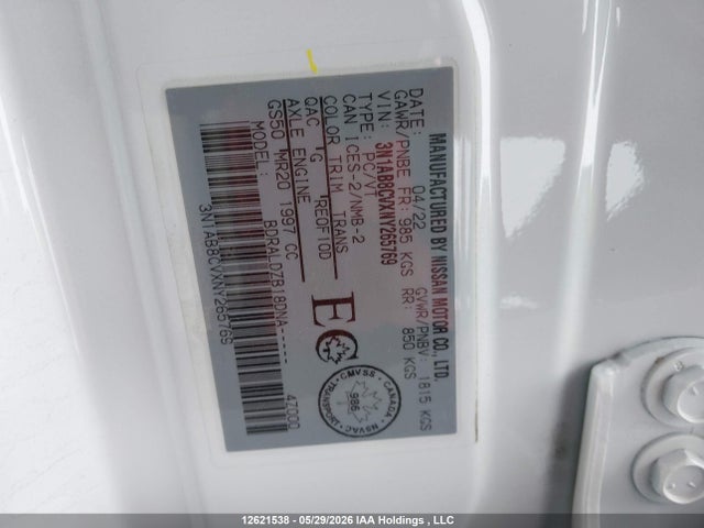 Продажа на аукционе авто 2022 Nissan Sentra Sv, vin: 3N1AB8CVXNY265769, номер лота: 12621538