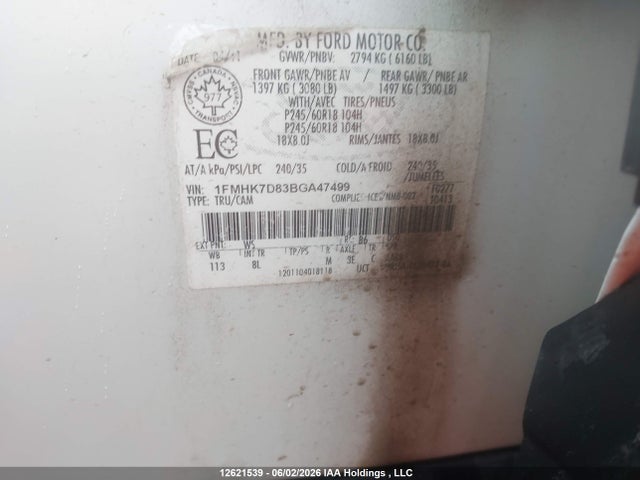 12621539 :رقم المزاد ، 1FMHK7D83BGA47499 vin ، 2011 Ford Explorer Xlt مزاد بيع