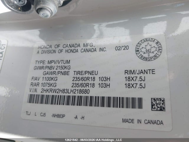 2020 Honda Cr-v Ex-l მანქანა იყიდება აუქციონზე, vin: 2HKRW2H83LH218680, აუქციონის ნომერი: 12621542