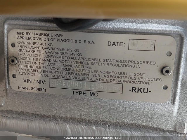 Продаж на аукціоні авто 2018 Aprilia Tuono V4 1100, vin: ZD4KGU004JS000508, номер лоту: 12621553