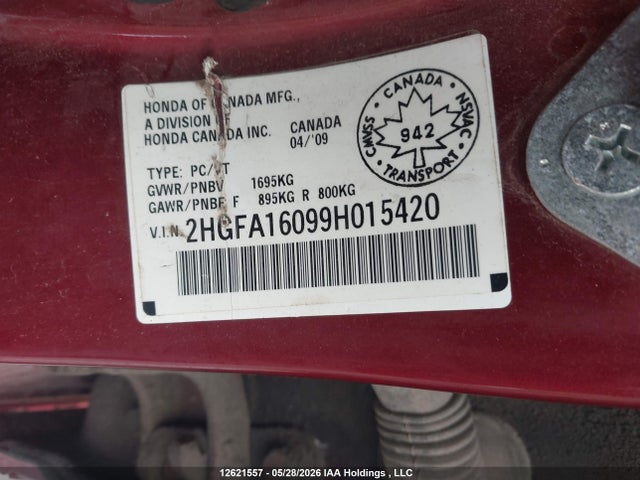 2009 Honda Civic Exl მანქანა იყიდება აუქციონზე, vin: 2HGFA16099H015420, აუქციონის ნომერი: 12621557