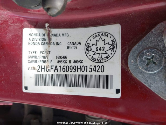 2009 Honda Civic Exl მანქანა იყიდება აუქციონზე, vin: 2HGFA16099H015420, აუქციონის ნომერი: 12621557