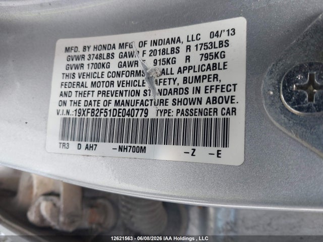 12621563 :رقم المزاد ، 19XFB2F51DE040779 vin ، 2013 Honda Civic Ex مزاد بيع