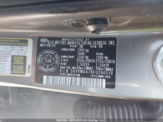 Продажа на аукционе авто 2015 Kia Sorento Sx, vin: 5XYKWDA78FG596519, номер лота: 12621566