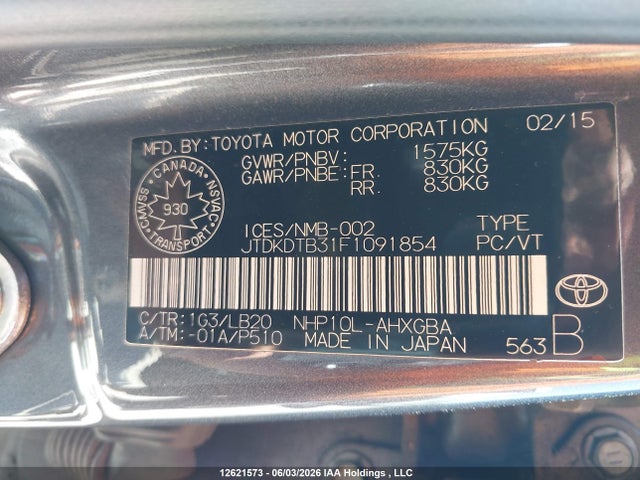 2015 Toyota Prius C Technology მანქანა იყიდება აუქციონზე, vin: JTDKDTB31F1091854, აუქციონის ნომერი: 12621573