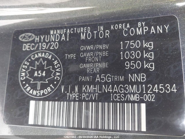 12621582 :رقم المزاد ، KMHLN4AG3MU124534 vin ، 2021 Hyundai Elantra Ultimate Ivt مزاد بيع