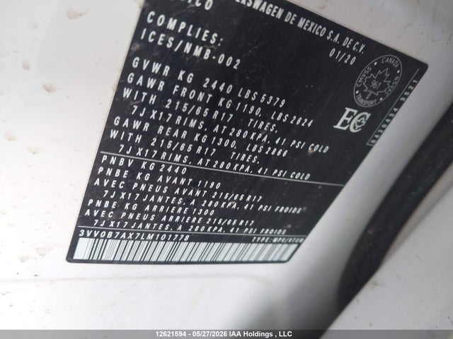 12621594 :رقم المزاد ، 3VV0B7AX7LM101778 vin ، 2020 Volkswagen Tiguan S مزاد بيع