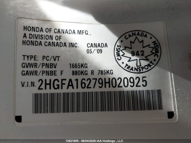 Продажа на аукционе авто 2009 Honda Civic, vin: 2HGFA16279H020925, номер лота: 12621605