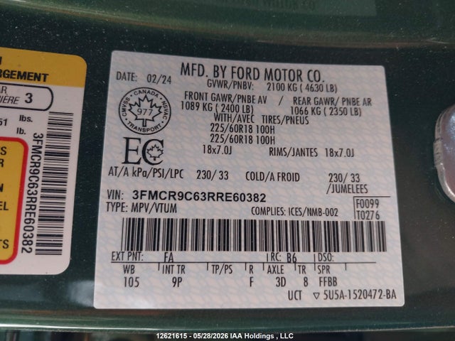 2024 Ford Bronco Sport Outer Banks მანქანა იყიდება აუქციონზე, vin: 3FMCR9C63RRE60382, აუქციონის ნომერი: 12621615