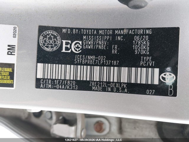Продажа на аукционе авто 2020 Toyota Corolla, vin: 5YFBPRBE7LP137187, номер лота: 12621627
