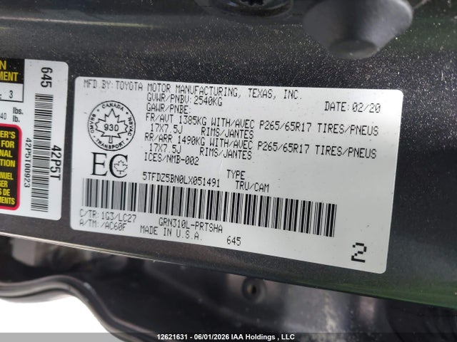 2020 Toyota Tacoma მანქანა იყიდება აუქციონზე, vin: 5TFDZ5BN0LX051491, აუქციონის ნომერი: 12621631