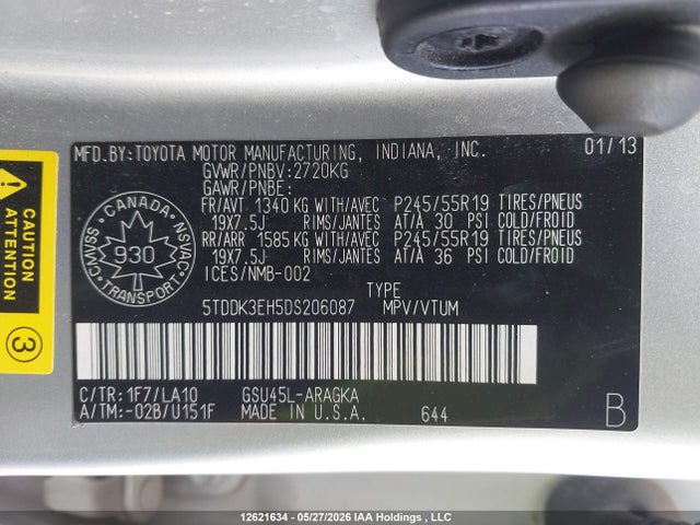 Aukcja sprzedaży 2013 Toyota Highlander V6 Limited, vin: 5TDDK3EH5DS206087, numer aukcji: 12621634