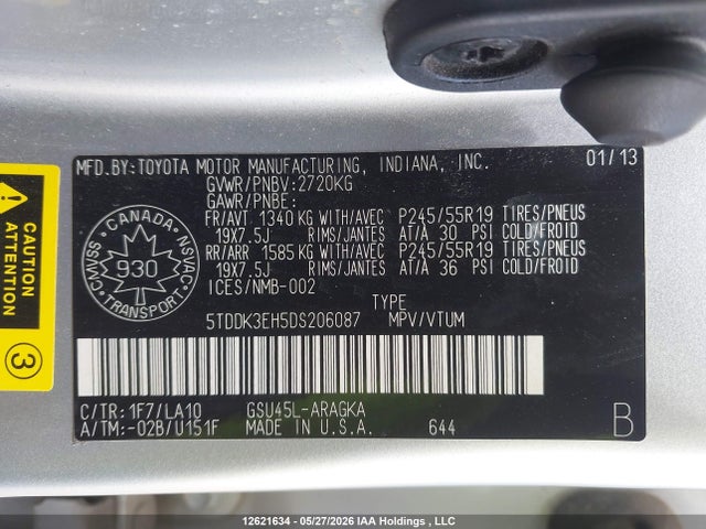 Aukcja sprzedaży 2013 Toyota Highlander V6 Limited, vin: 5TDDK3EH5DS206087, numer aukcji: 12621634