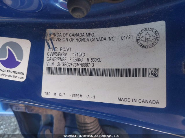 Продаж на аукціоні авто 2021 Honda Civic Ex 4dr, vin: 2HGFC2F73MH008713, номер лоту: 12621644