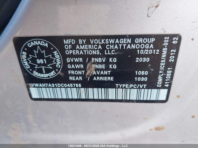2013 Volkswagen Passat 2.5l Trendline მანქანა იყიდება აუქციონზე, vin: 1VWAH7A31DC045755, აუქციონის ნომერი: 12621649