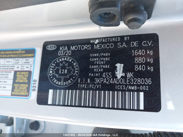 Aukcja sprzedaży 2020 Kia Rio Ex/lx+, vin: 3KPA24AD0LE328036, numer aukcji: 12621652