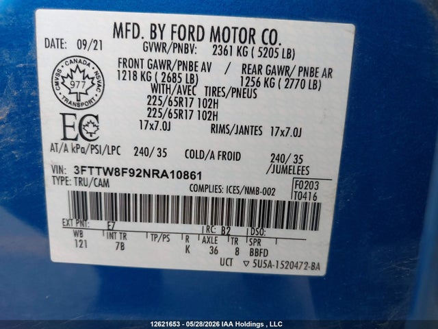 Aukcja sprzedaży 2022 Ford Maverick Xlt, vin: 3FTTW8F92NRA10861, numer aukcji: 12621653