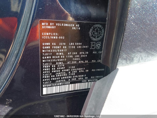 12621662 :رقم المزاد ، WVGNV7AX3HW513355 vin ، 2017 Volkswagen Tiguan Wolfsburg Edition مزاد بيع