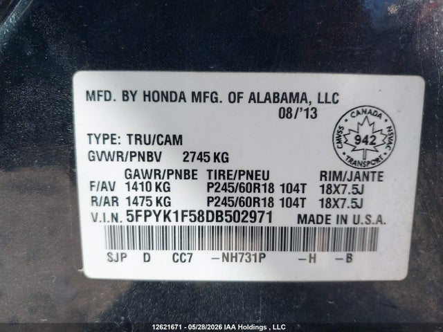Продаж на аукціоні авто 2013 Honda Ridgeline Touring, vin: 5FPYK1F58DB502971, номер лоту: 12621671