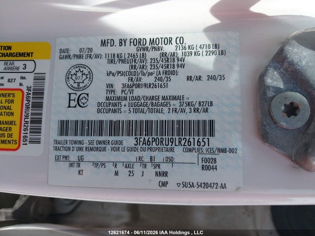 Продажа на аукционе авто 2020 Ford Fusion Hybrid Titanium, vin: 3FA6P0RU9LR261651, номер лота: 12621674
