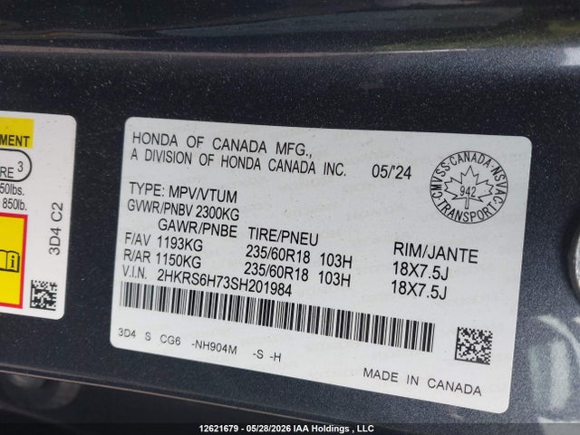 Aukcja sprzedaży 2025 Honda Cr-v Exl, vin: 2HKRS6H73SH201984, numer aukcji: 12621679