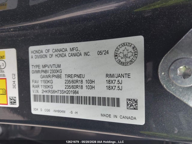 Aukcja sprzedaży 2025 Honda Cr-v Exl, vin: 2HKRS6H73SH201984, numer aukcji: 12621679
