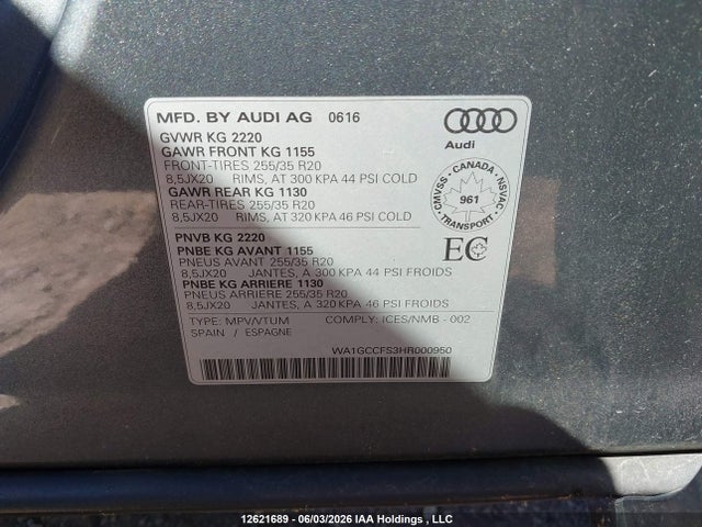 Продаж на аукціоні авто 2017 Audi Q3 2.0t Technik, vin: WA1GCCFS3HR000950, номер лоту: 12621689