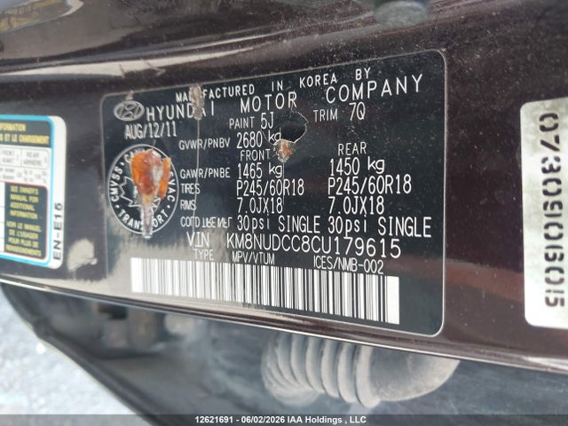 2012 Hyundai Veracruz Gls/limited მანქანა იყიდება აუქციონზე, vin: KM8NUDCC8CU179615, აუქციონის ნომერი: 12621691