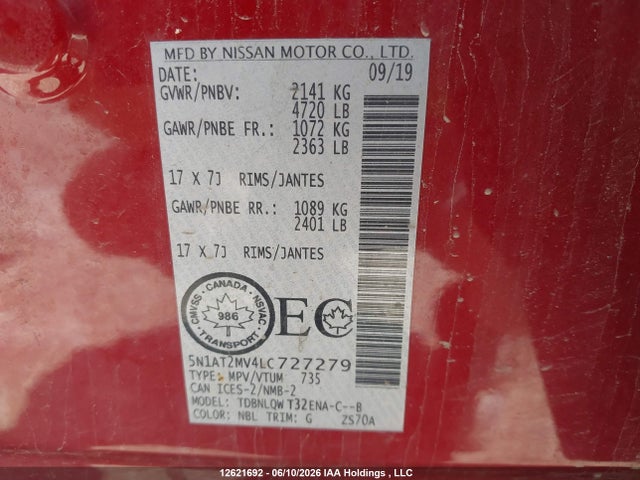2020 Nissan Rogue მანქანა იყიდება აუქციონზე, vin: 5N1AT2MV4LC727279, აუქციონის ნომერი: 12621692