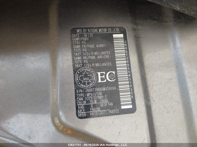 Aukcja sprzedaży 2022 Nissan Rogue Sv, vin: JN8BT3BB6NW339354, numer aukcji: 12621701