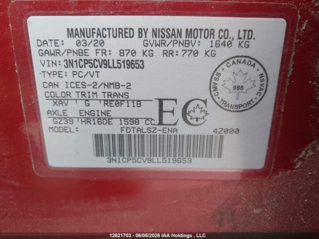 12621703 :رقم المزاد ، 3N1CP5CV9LL519653 vin ، 2020 Nissan Kicks Sv مزاد بيع