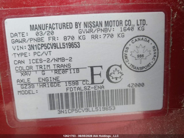 12621703 :رقم المزاد ، 3N1CP5CV9LL519653 vin ، 2020 Nissan Kicks Sv مزاد بيع