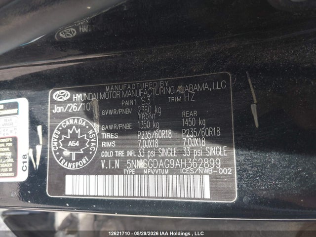 12621710 :رقم المزاد ، 5NMSGDAG9AH362899 vin ، 2010 Hyundai Santa Fe Gls مزاد بيع
