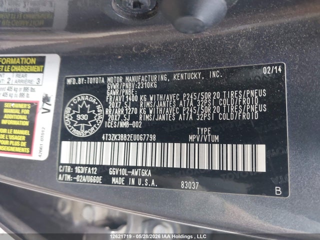 2014 Toyota Venza Le/xle/limited მანქანა იყიდება აუქციონზე, vin: 4T3ZK3BB2EU067798, აუქციონის ნომერი: 12621719