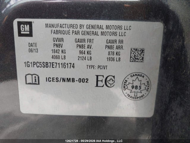 2014 Chevrolet Cruze 1lt მანქანა იყიდება აუქციონზე, vin: 1G1PC5SB7E7116174, აუქციონის ნომერი: 12621728