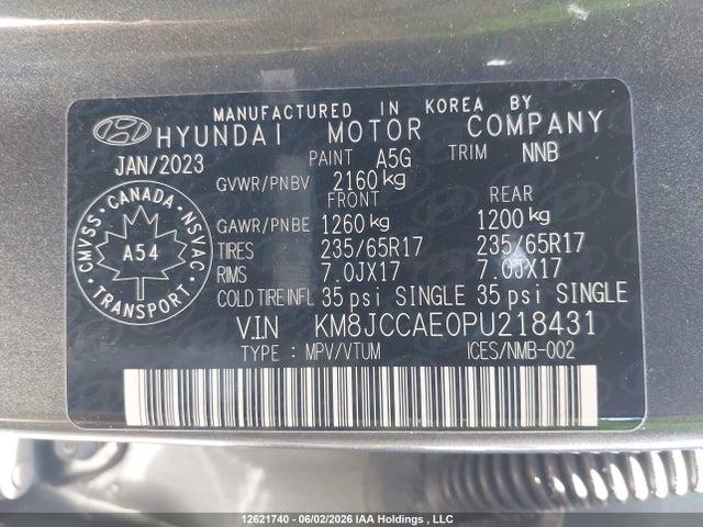 2023 Hyundai Tucson Preferred Awd With Trend Package მანქანა იყიდება აუქციონზე, vin: KM8JCCAE0PU218431, აუქციონის ნომერი: 12621740