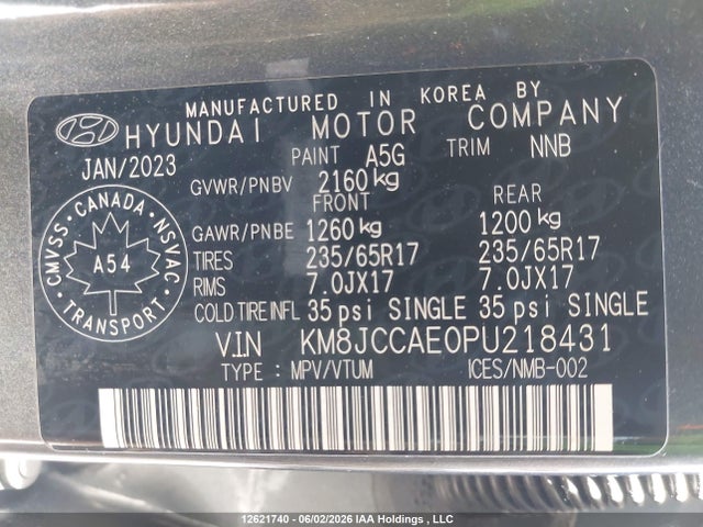 2023 Hyundai Tucson Preferred Awd With Trend Package მანქანა იყიდება აუქციონზე, vin: KM8JCCAE0PU218431, აუქციონის ნომერი: 12621740