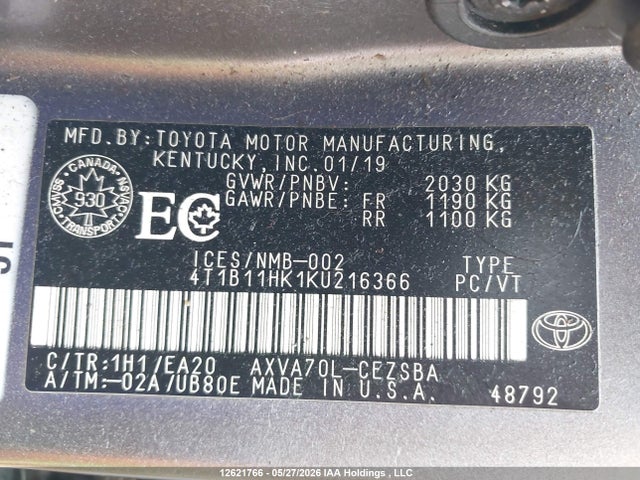 12621766 :رقم المزاد ، 4T1B11HK1KU216366 vin ، 2019 Toyota Camry L/le/xle/se/xse مزاد بيع