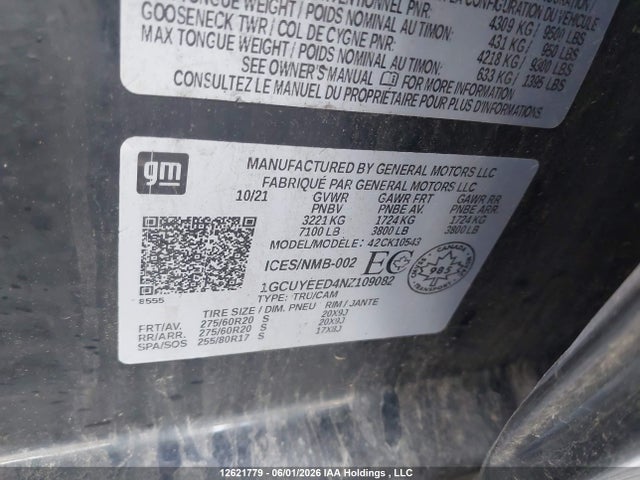 2022 Chevrolet Silverado 1500 Ltd Rst მანქანა იყიდება აუქციონზე, vin: 1GCUYEED4NZ109082, აუქციონის ნომერი: 12621779