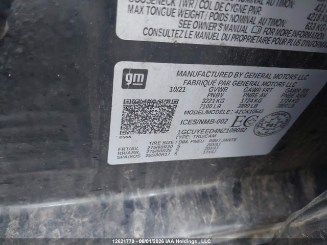 2022 Chevrolet Silverado 1500 Ltd Rst მანქანა იყიდება აუქციონზე, vin: 1GCUYEED4NZ109082, აუქციონის ნომერი: 12621779