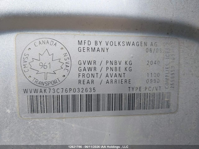 Aukcja sprzedaży 2006 Volkswagen Passat 2.0t/2.0t Base, vin: WVWAK73C76P032635, numer aukcji: 12621786