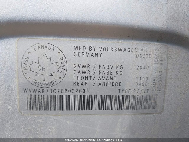 Aukcja sprzedaży 2006 Volkswagen Passat 2.0t/2.0t Base, vin: WVWAK73C76P032635, numer aukcji: 12621786