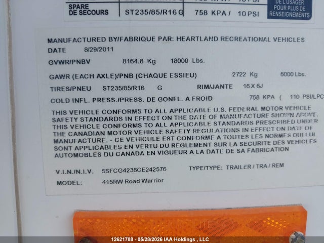 Продажа на аукционе авто 2012 Heartland Recreational 427 5th Wheel, vin: 5SFCG4236CE242576, номер лота: 12621788